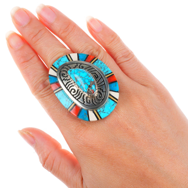 sz9 large Philbert Begay Navajo sterling silver high grade turquoise/coral ring