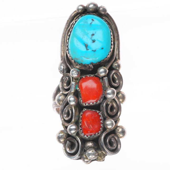 sz10 long vintage Navajo sterling silver turquoise and coral ring