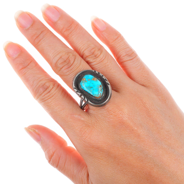 sz11 vintage Navajo sterling silver ring with high grade turquoise