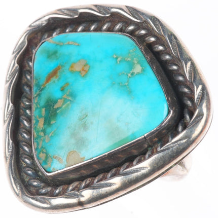 sz9 Big vintage Navajo sterling silver rope bezel ring with nice turquoise