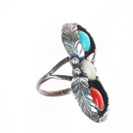 sz8 c1976 Navajo patriotic turquoise/coral/shell sterling silver ring