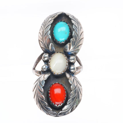 sz8 c1976 Navajo patriotic turquoise/coral/shell sterling silver ring