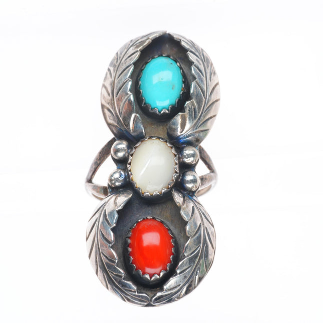 sz8 c1976 Navajo patriotic turquoise/coral/shell sterling silver ring