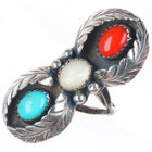 sz8 c1976 Navajo patriotic turquoise/coral/shell sterling silver ring