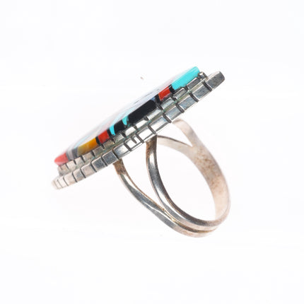sz8 Eriacho Zuni sterling silver turquoise/coral intarsia inlay ring