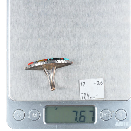 sz8 Eriacho Zuni sterling silver turquoise/coral intarsia inlay ring