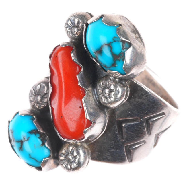 sz9 Vintage Zuni sterling silver spiderweb turquoise branch coral ring