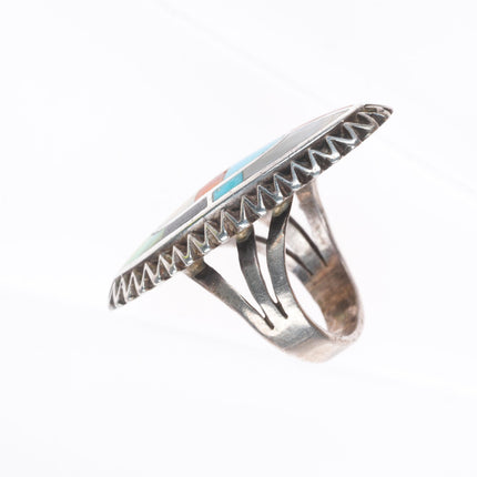 sz9 vintage Zuni sterling silver turquoise, spiny oyster, shell inlay ring