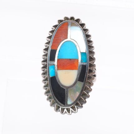 sz9 vintage Zuni sterling silver turquoise, spiny oyster, shell inlay ring