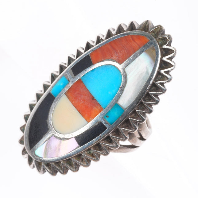 sz9 vintage Zuni sterling silver turquoise, spiny oyster, shell inlay ring