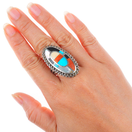sz9 vintage Zuni sterling silver turquoise, spiny oyster, shell inlay ring