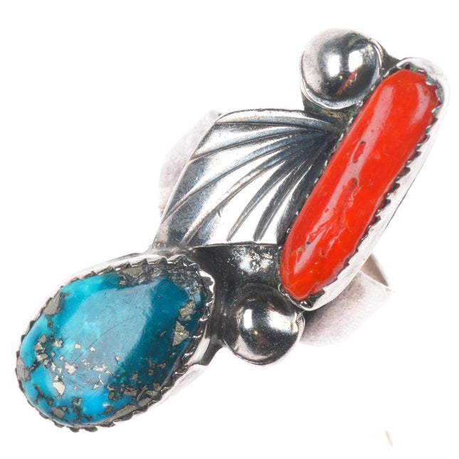 sz6 Vintage Zuni Morenci turquoise/coral sterling silver long ring