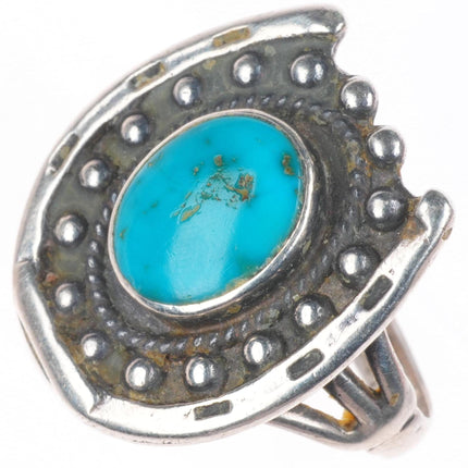 sz6 Vintage Navajo sterling silver horseshoe ring with nice turquoise