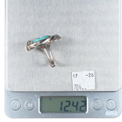 sz9 Vintage Navajo sterling silver feather ring with waterweb turquoise