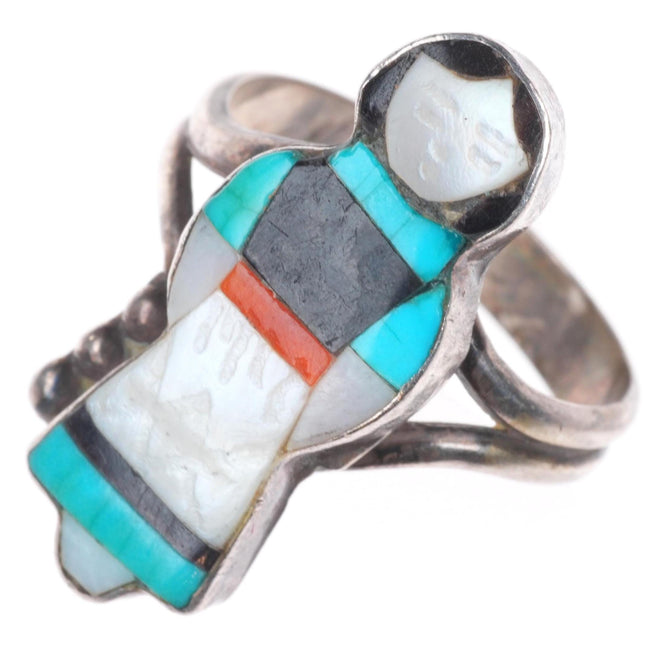 sz10 vintage Waseta Zuni sterling silver turquoise inlay maiden ring