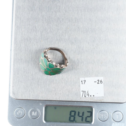 sz8 vintage Zuni sterling silver flush inlay turquoise flower ring