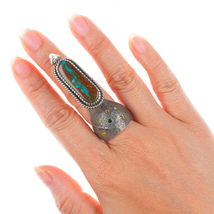 sz8 Shane Hendren Navajo long sterling silver multi-gem/Royston turquoise ring