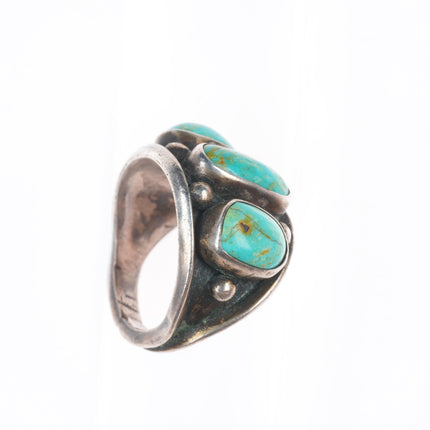 sz8 Vintage Navajo sterling silver three stone row turquoise ring