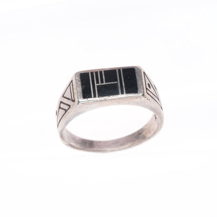 sz12 Ray Tracey Knifewing Navajo sterling silver onyx channel inlay ring