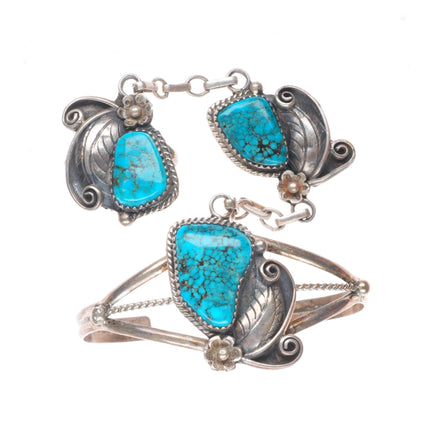 sz7 ring 6.1" Cuff vintage sterling silver Slave Bracelet w/ spiderweb turquoise