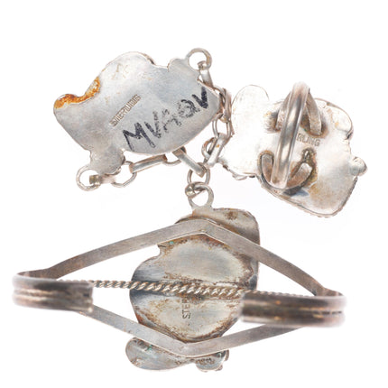 sz7 ring 6.1" Cuff vintage sterling silver Slave Bracelet w/ spiderweb turquoise