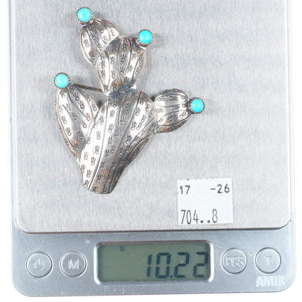 Big Vintage Navajo sterling silver Saguaro cactus pin/brooch w/turquoise