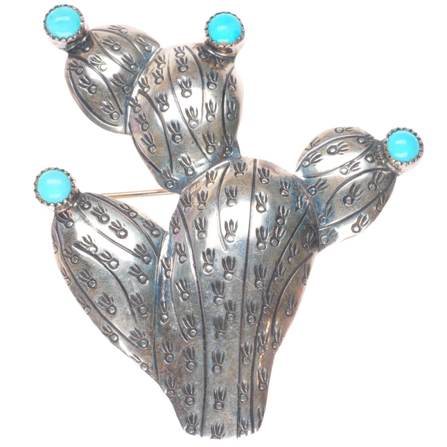 Big Vintage Navajo sterling silver Saguaro cactus pin/brooch w/turquoise