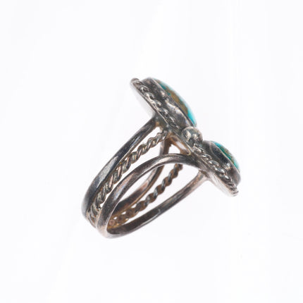 sz7 vintage Navajo high grade turquoise two stone sterling silver ring