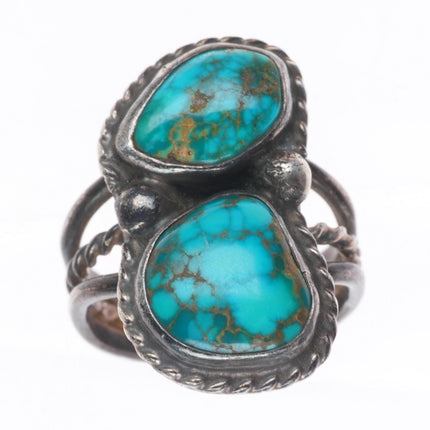 sz7 vintage Navajo high grade turquoise two stone sterling silver ring