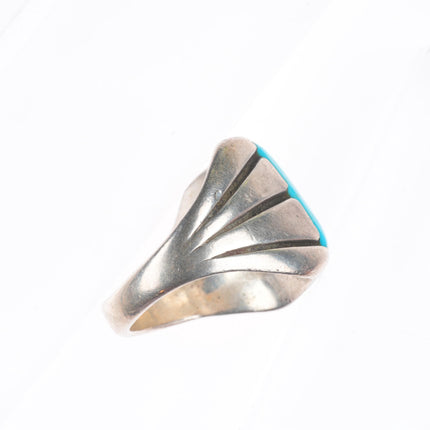 sz9.5 vintage Navajo sterling silver chiseled sides ring with turquoise