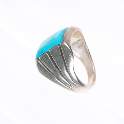 sz9.5 vintage Navajo sterling silver chiseled sides ring with turquoise