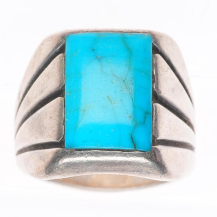 sz9.5 vintage Navajo sterling silver chiseled sides ring with turquoise
