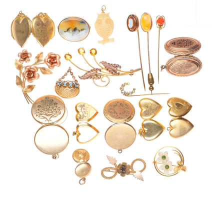 Estate Collection Antique Gold filled lockets, pendants, brooches, stickpins/etc