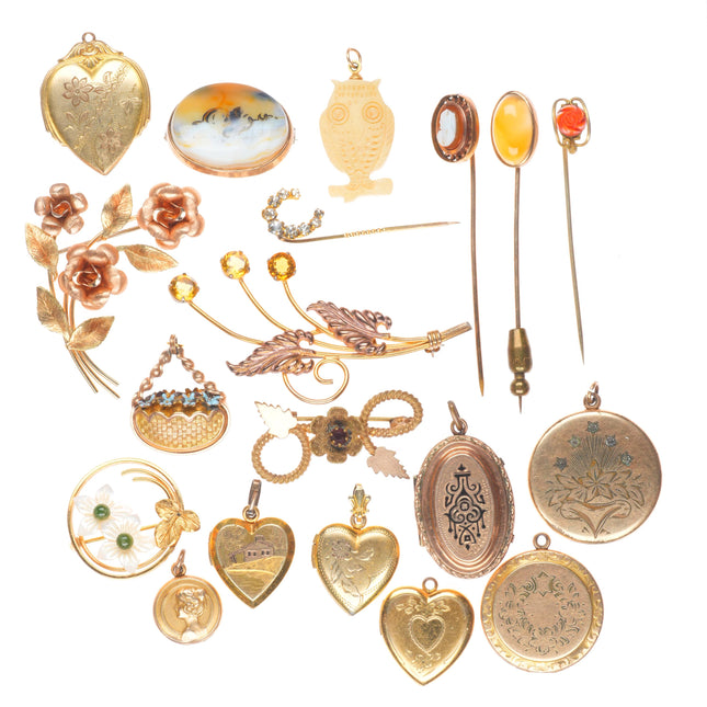 Estate Collection Antique Gold filled lockets, pendants, brooches, stickpins/etc