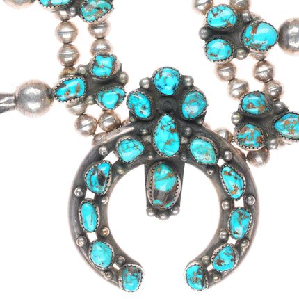 big Vintage Navajo high grade turquoise sterling silver squash blossom necklace