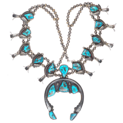 Vintage Navajo Morenci turquoise sterling silver squash blossom necklace