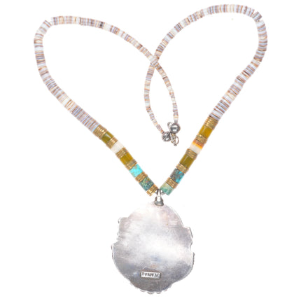 Vintage Ivan V Navajo sterling silver/turquoise pendant on Shell/brass Heishi