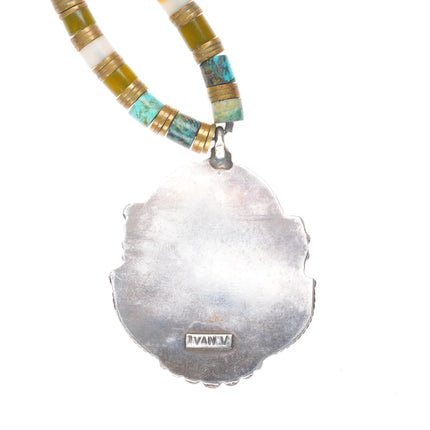 Vintage Ivan V Navajo sterling silver/turquoise pendant on Shell/brass Heishi