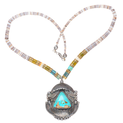 Vintage Ivan V Navajo sterling silver/turquoise pendant on Shell/brass Heishi
