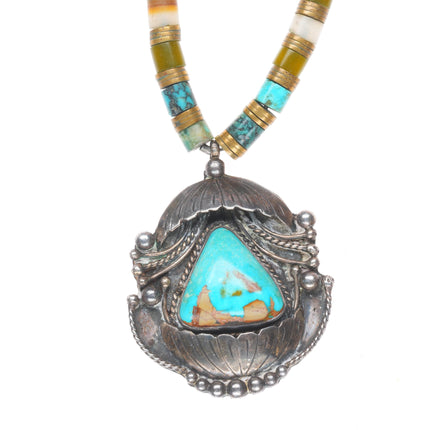 Vintage Ivan V Navajo sterling silver/turquoise pendant on Shell/brass Heishi