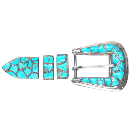 c1950 Vintage Navajo sterling silver inlaid turquoise ranger belt buckle set