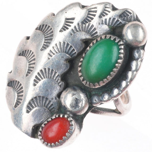 sz6 Vintage Navajo sterling silver deep stamped feather turquoise/coral ring