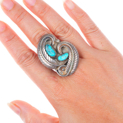 sz10 Big vintage Navajo sterling silver turquoise curly feather ring