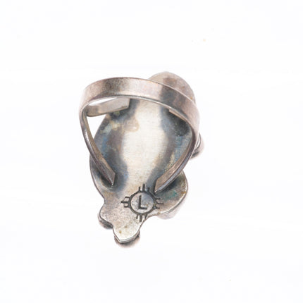 sz7.5 Lewis Lomay Hopi sterling silver spiderweb turquoise/coral feather ring