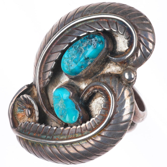 sz10 Big vintage Navajo sterling silver turquoise curly feather ring