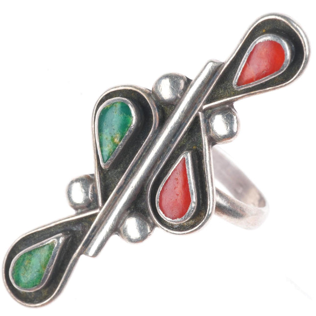 sz7 vintage Zuni sterling silver green turquoise and coral  long ring