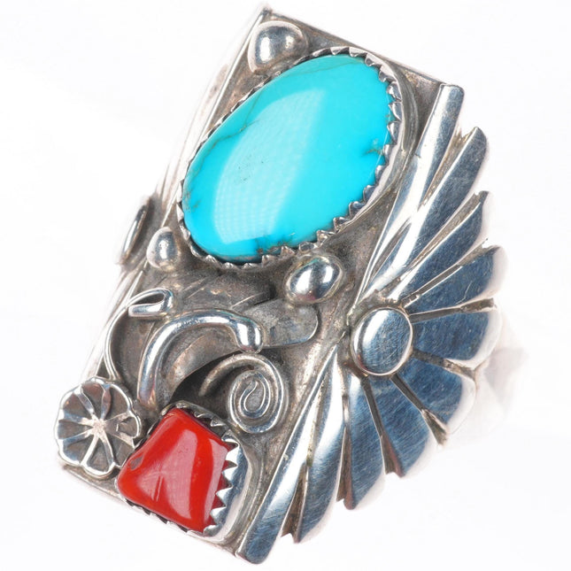 sz14 Dean Brown Navajo sterling silver turquoise and coral big vintage mens ring