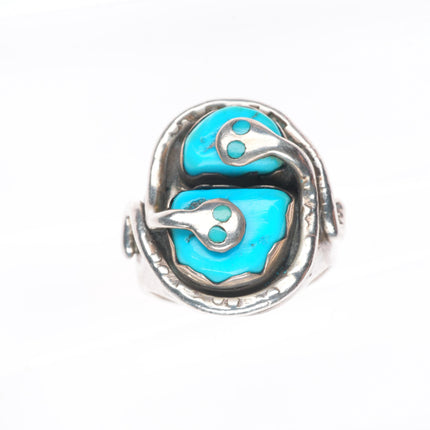sz11 Effie Calavaza Zuni sterling silver turquoise 2 stone snakes men's ring