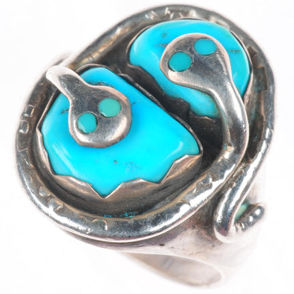 sz11 Effie Calavaza Zuni sterling silver turquoise 2 stone snakes men's ring