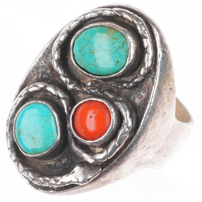 sz11.5 Vintage Zuni sterling silver, turquoise, coral snakes 3 stone ring